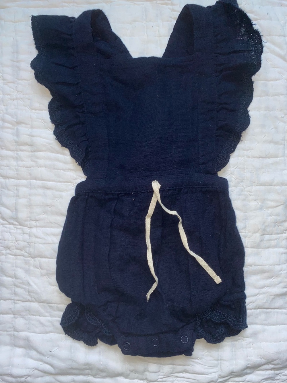 Jamie Kay Navy Ruffle-Shoulder Romper with Contrast Tie